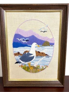 Framed Seagull Embroidery Wall Art - Purple & Blue Coastal Scene